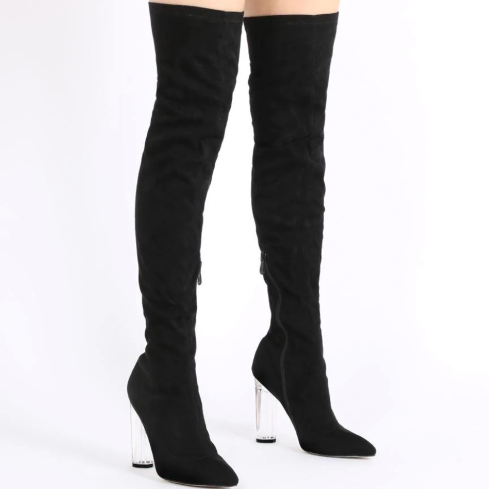 OVER THE KNEE BOOTS IN BLACK FAUX SUEDE WITH CLEAR PERSPEX HEEL
